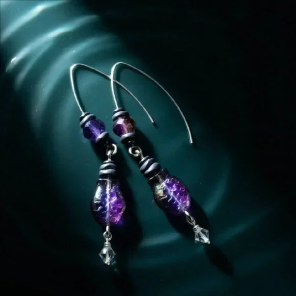 Purple + Black Iridescent Glass Fish Danglers ~ Goth + Beachy! Sea Life Earrings - Picture 4 of 13
